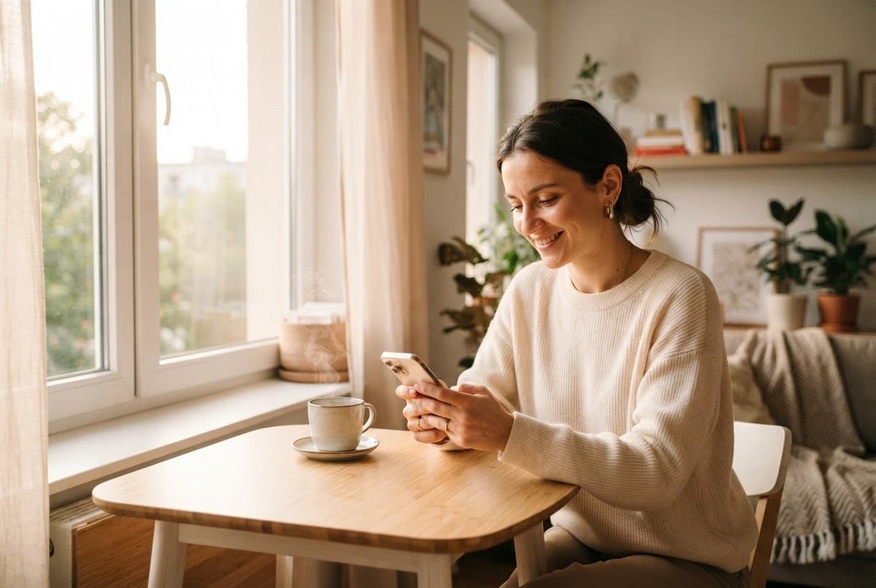 A woman smiling as she reads a warm update on her phone at home