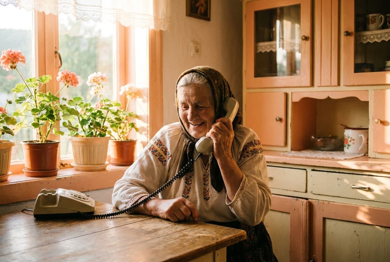 An elderly Romanian woman laughing warmly on her landline phone in a sunlit kitchen
